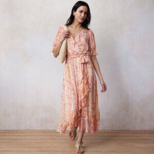 NWT Women's XXL LC Lauren Conrad Ruffled Wrap Maxi Dress Pink Blooming Stripe